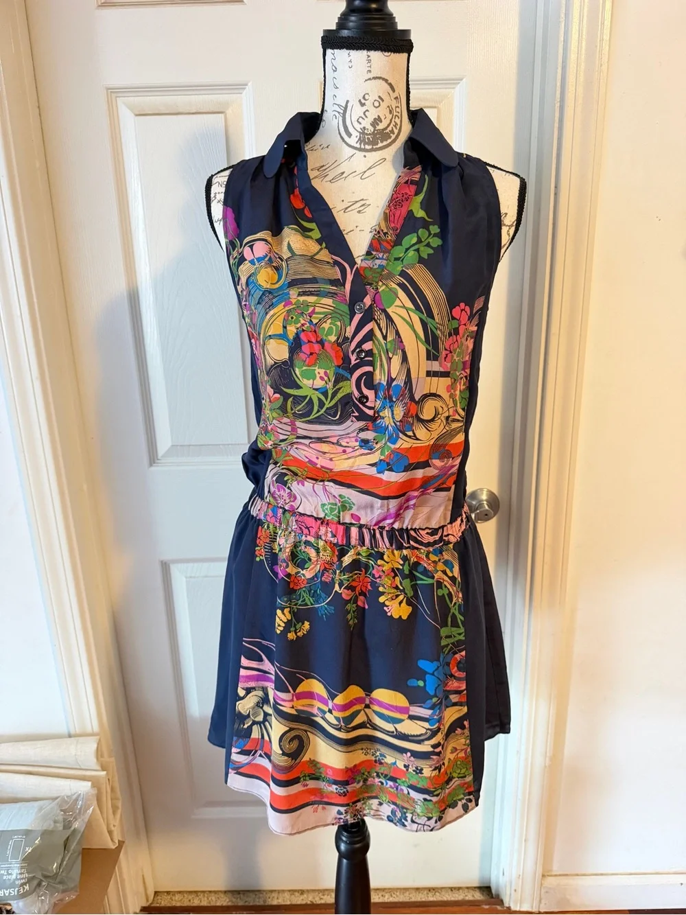 Anthropologie Black Printed Sleeveless Mini Dress